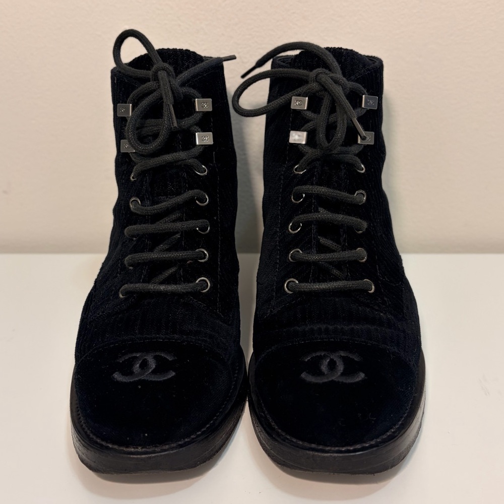 CHANEL Black Velvet Lace Up Boots